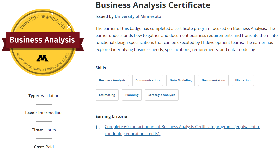 Business Analysis Certificate badge from the University of Minnesota, a Modern Campus customer.